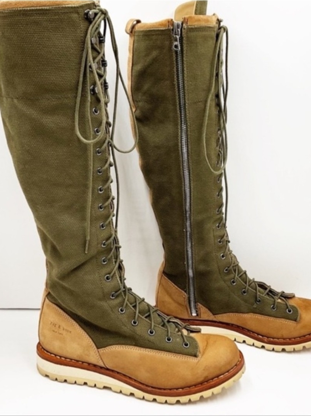 Rag & Bone Olive Green Canvas & Tan  Leather Combat Boots. Side Zip & Lace Up. 8